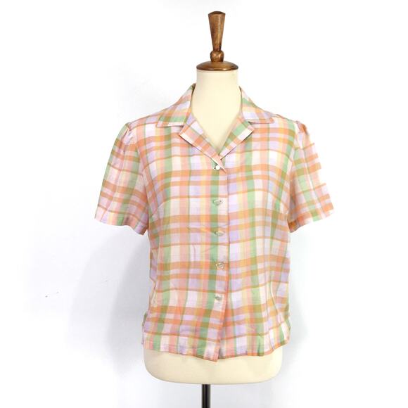 Vintage women's button down shirt pink green pastel madras plaid Size Small - Picture 1 of 6